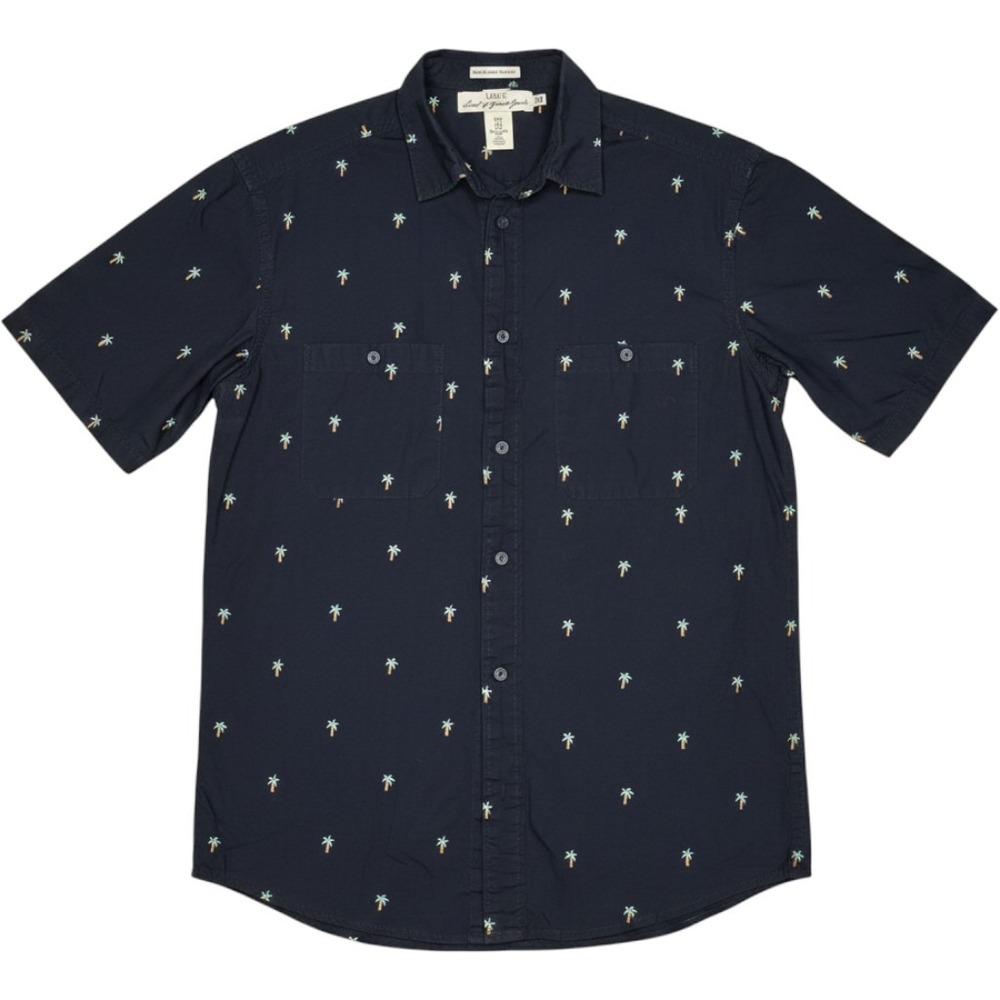 HM LOGG Mens Medium Navy Blue Palm Tree Embroidered Short Sleeve Button Down